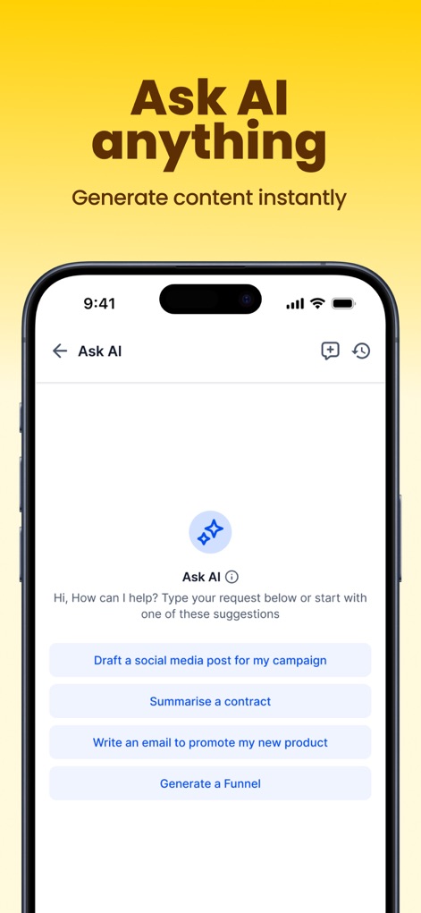 HighLevel - La herramienta integra un asistente de IA, permitiendo a los usuarios "Generate a Funnel" y "Draft a social media post" directamente desde la interfaz.