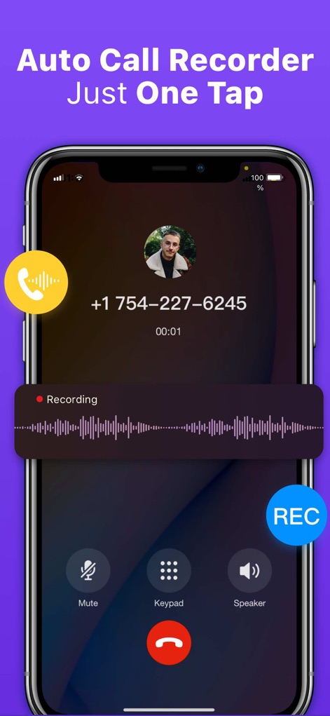 Text App: Wifi Calling+Texting - Users can effortlessly manage calls with the intuitive recording indicator and the prominent one-tap "REC" button, capturing important conversations seamlessly.