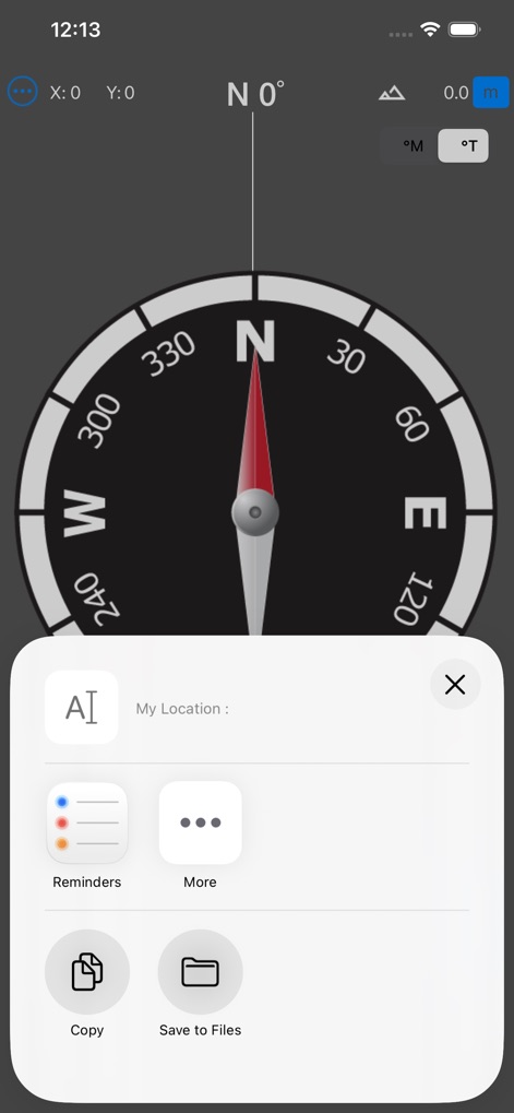 Compass & GPS - A captura de tela revela as convenientes opções de compartilhamento de localização do aplicativo, integrando-o com outras aplicações do sistema para que os usuários possam facilmente comunicar sua posição atual.