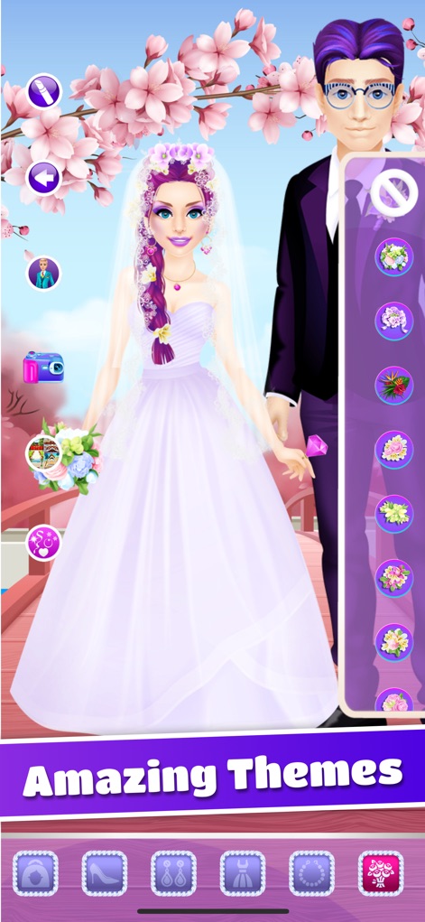 Wedding Makeover: Salon Games - Users can customize their wedding setting, featuring a picturesque cherry blossom background and various options for the groom's outfit.