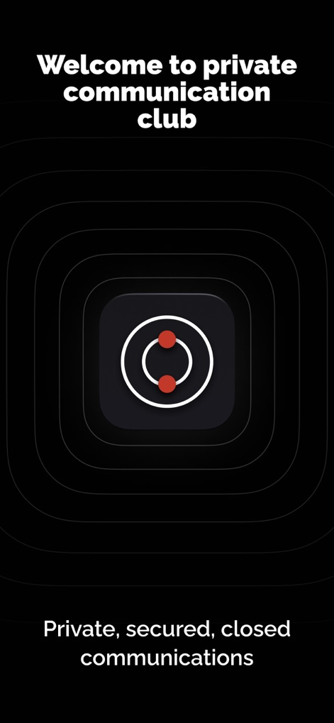 ChatttiX- private messenger - La aplicación ChattiX da la bienvenida a los usuarios a un 'club de comunicación privada', destacando su enfoque en la privacidad. Esta pantalla de inicio impacta con un diseño minimalista que presenta el logo central y un fondo oscuro y envolvente, sugiriendo seguridad.