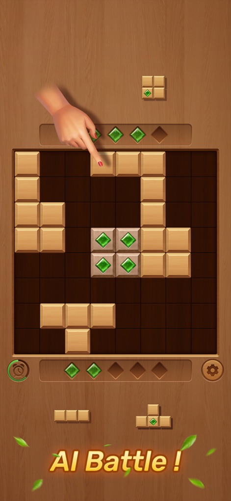 Woody Block:Puzzle Blast - Esta captura presenta el modo de "Batalla con IA", donde se observa una mano interactuando con bloques distintivos que contienen diamantes verdes, y el texto "AI Battle!" junto a los bloques del oponente, evidenciando el desafío estratégico contra la inteligencia artificial.