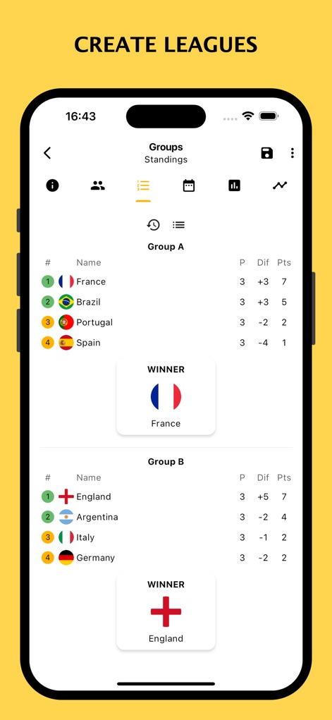 Winner - Tournament Maker App - Visualize tournament progression with detailed group standings and team flags, all accessible from the intuitive 'Groups' tab.