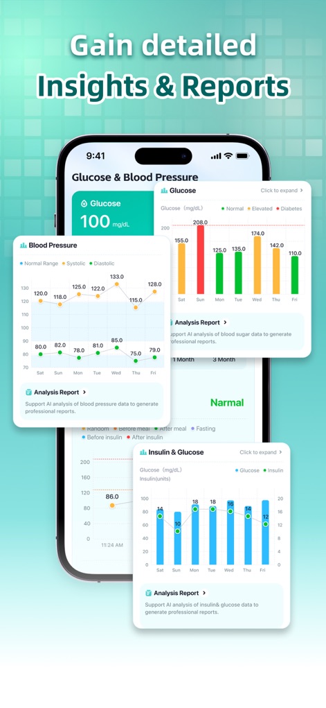 MyHealth: BP Tracker - La aplicación proporciona gráficos de tendencias detallados para la presión arterial, permitiendo visualizar los cambios a lo largo del tiempo, y también facilita el seguimiento del nivel de glucosa mediante representaciones claras y cronológicas.