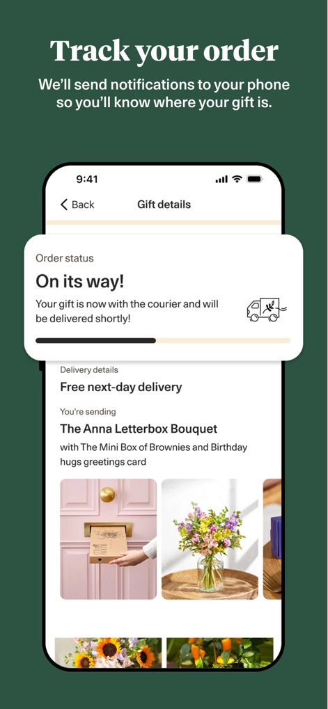 Bloom & Wild - Flowers & Gifts - Users can monitor their gift's journey with real-time order status updates and view detailed delivery information alongside engaging product visuals.