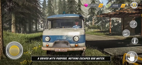 Police Simulator Border Patrol - Esta herramienta muestra la vigilancia constante de zonas apartadas, con una furgoneta policial clásica azul y blanca conduciendo por un camino de tierra flanqueado por pinos.