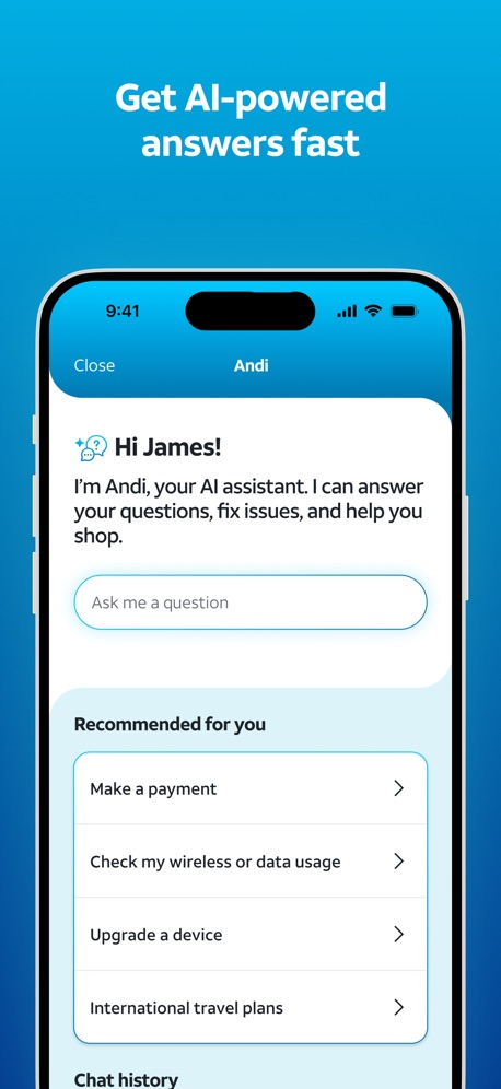 AT&T App Store screenshot 3, headline “Get AI-powered answers fast”. Asks for an action.