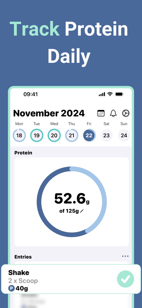 Protein Tracker: Protein Pal - Los usuarios pueden monitorear su ingesta diaria con un claro círculo de progreso que muestra el consumo actual y un registro detallado de las entradas de proteínas.
