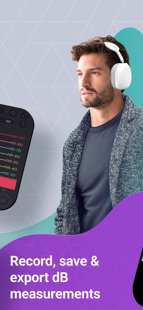 Decibel : dB sound level meter - Die App ermöglicht das Aufzeichnen, Speichern und Exportieren von Dezibel-Messungen und visualisiert dabei auch relevante Lärmbewertungskurven (NR-Werte).