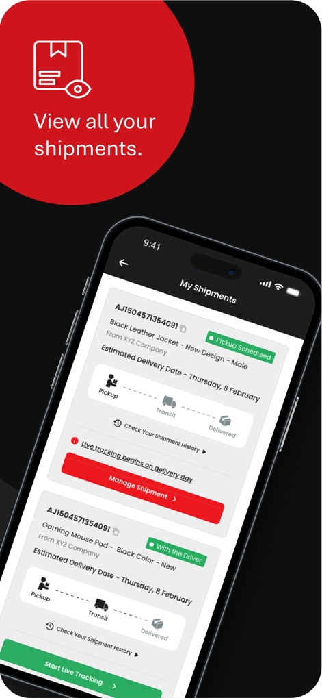 AJEX ايجكس - The app provides granular detail on shipment progress, showing current statuses like 'Pickup Scheduled' and a visual timeline indicating 'Pickup', 'Transit', and 'Delivered' stages.