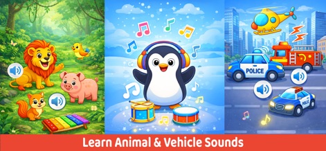 Piano Kids Music Learning Game - Children can learn sounds from diverse animal characters in natural settings and explore recognizable vehicle illustrations with corresponding audio.