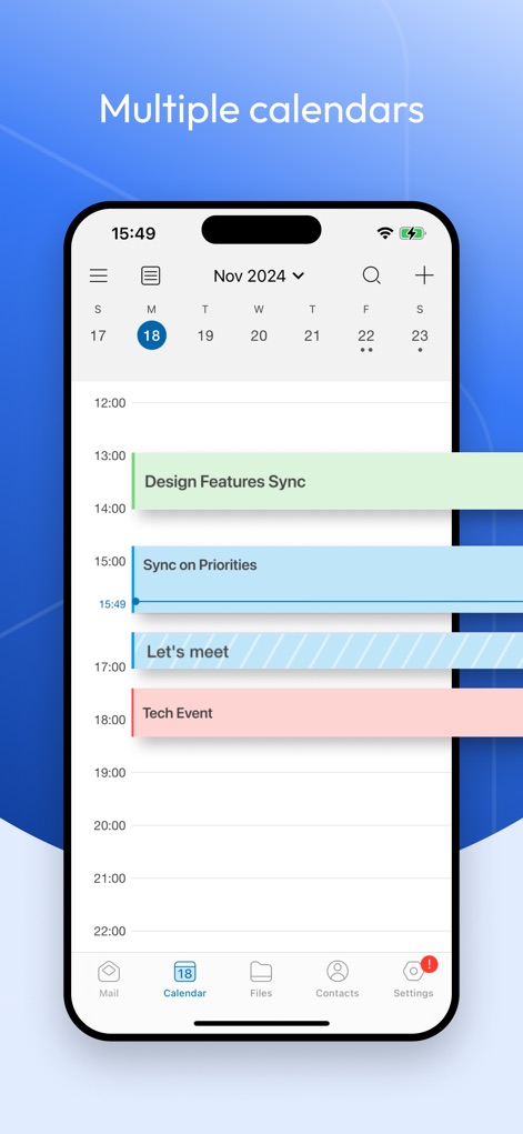 Boxer - Workspace ONE - La schermata mostra un calendario mensile con una chiara visualizzazione degli eventi, evidenziando la gestione di appuntamenti multipli tramite blocchi colorati.