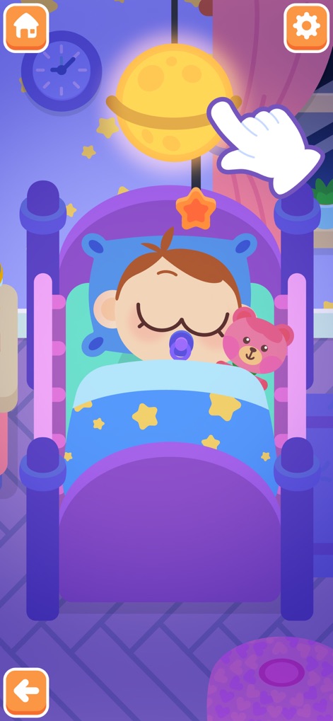 Mother Simulator - Baby Care - Users can experience comforting routines, observing a baby sleeping soundly in a crib with a pacifier and a teddy bear.