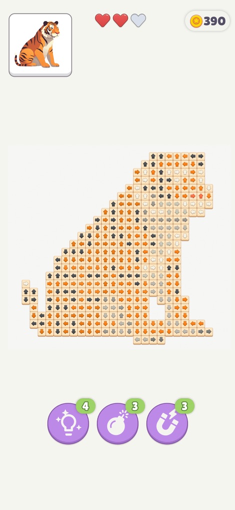 Tap Gallery: Block Tap Away - Experience the breadth of content with a partially completed tiger puzzle, tracking progress through the top-right coin count and heart indicators.
