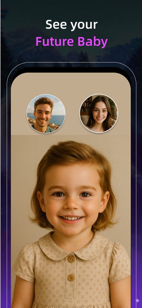 Pixnova: AI Photo&Video Maker - The app offers a unique "Future Baby" feature, allowing users to upload parent photos and instantly generate an image of their potential child.