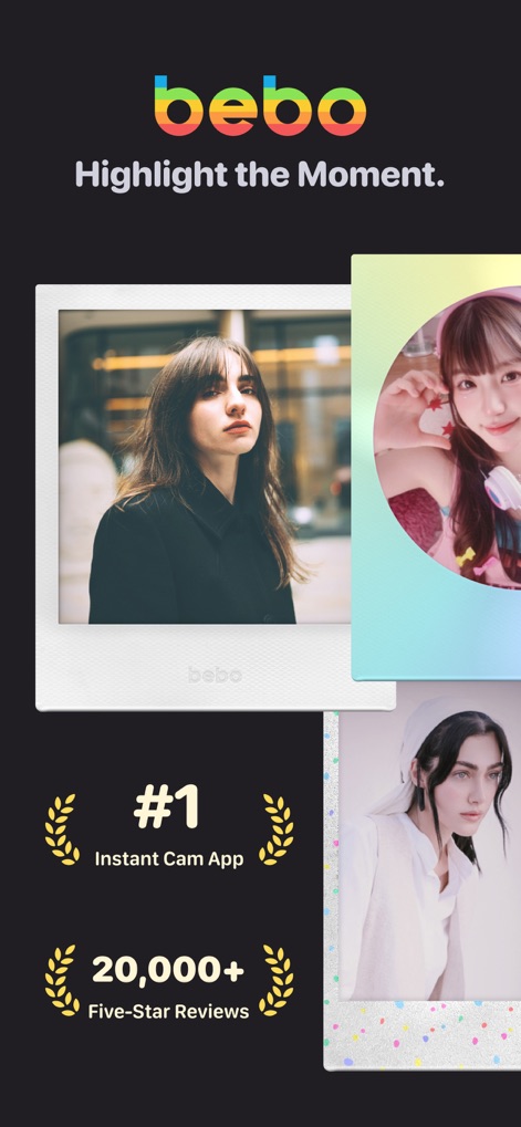 Bebo Cam:Retro Instant Camera - Dieses Tool präsentiert sich mit einem ansprechenden Design, das durch seine modernen Instant-Style-Fotos und prominent platzierten Auszeichnungen und positiven Bewertungen die Beliebtheit und den Funktionsumfang der App hervorhebt.