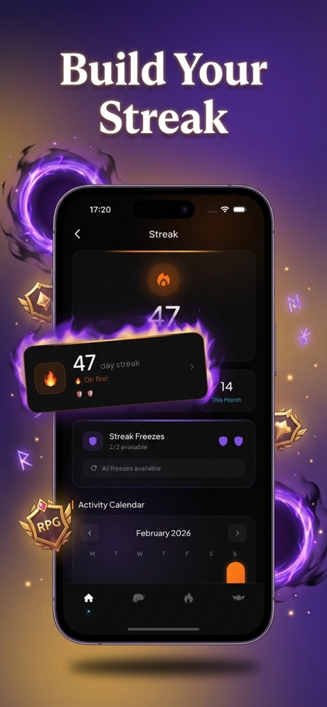 GymLevels: Ranked Gym Workouts - Review the streak tracking feature, clearly showing the '47 day streak' and the available 'Streak Freezes' to maintain momentum.