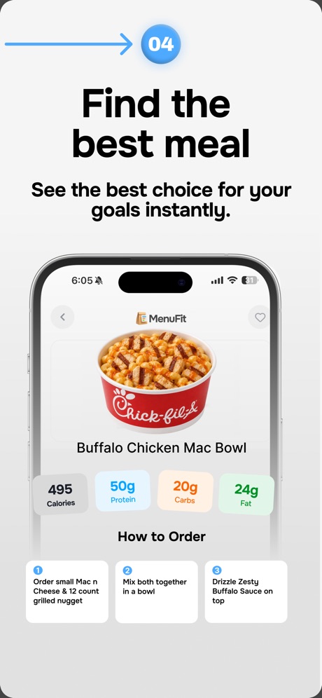 MenuFit - Healthy Eating Out App Store screenshot 6, headline “Find the best meal”. Badge.