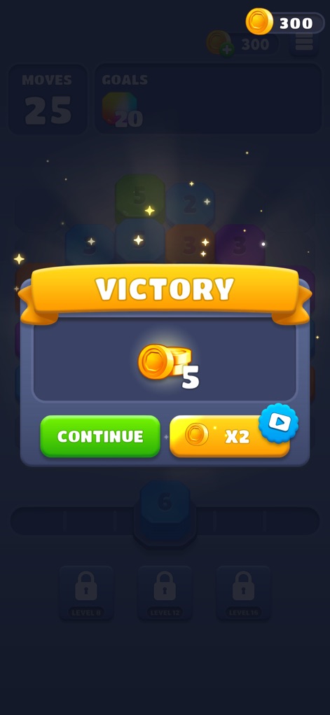 Throw Blocks! - Celebrate level success with the prominent "VICTORY" banner and the immediate display of earned coin rewards, encouraging continued play.
