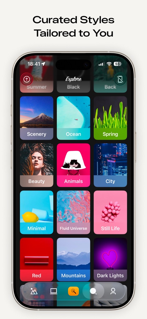 Clarity Wallpaper - Discover an extensive "Explore" grid of curated themes, from "Summer" landscapes to "Fluid Universe" abstracts, tailored for individual preference.