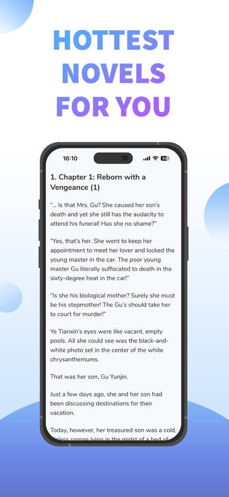 NovelToon: Read Books, Stories - Os usuários desfrutam de uma experiência de leitura limpa e focada, com o texto do capítulo "Reborn with a Vengeance" claramente visível e fácil de acompanhar.