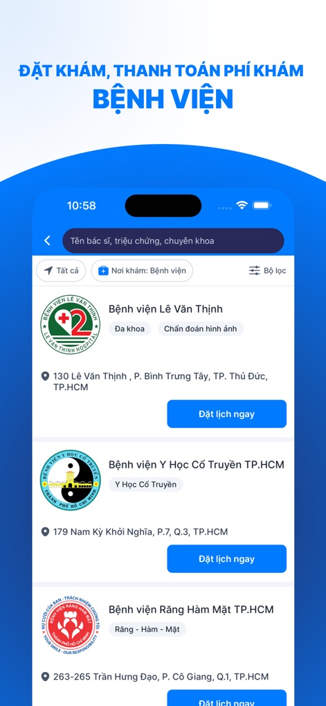 YouMed - Ứng dụng đặt khám - Users can easily browse a comprehensive list of partner hospitals, viewing their addresses and specialized departments before instantly booking an appointment.