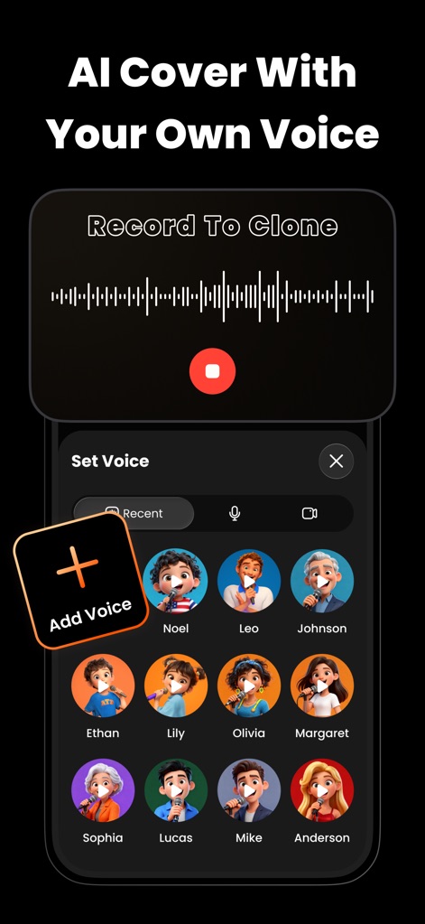 VibeMe AI: Music Video Maker - Cette fonctionnalité permet aux utilisateurs d'enregistrer leur "Record To Clone" pour des covers uniques et de sélectionner ou ajouter des voix via l'option "Add Voice".