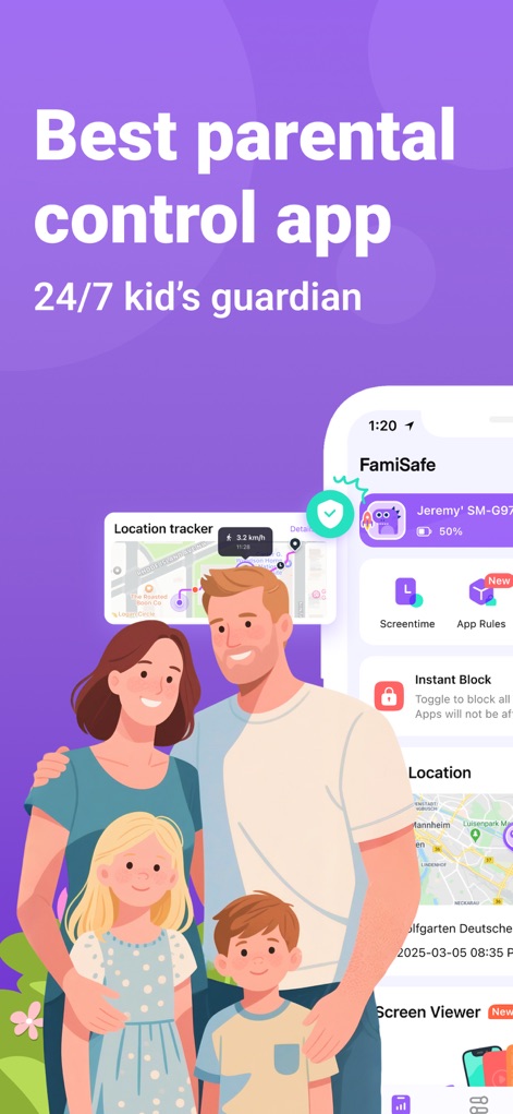 FamiSafe: Parental Control App - Esta herramienta ofrece una visión general de sus capacidades, mostrando funcionalidades clave como el "Location tracker" para la seguridad física y el "Screen viewer" para la supervisión digital.