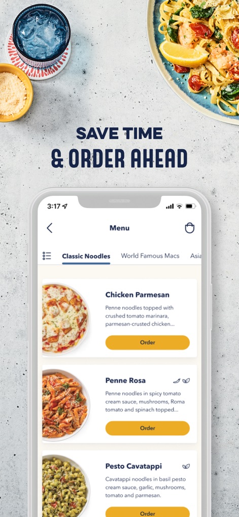Noodles and Company - The app presents an intuitive menu with clearly defined categories and rich visual descriptions for each dish, ensuring effortless meal selection.