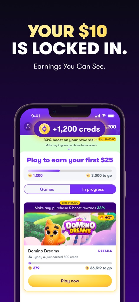 Copper: Earn Cash - Esta captura exibe o progresso dos ganhos do usuário, com '+1,200 creds' já acumulados e uma barra de progresso em direção aos $25 iniciais, permitindo aos usuários visualizar seus créditos e o status de 'In progress' de suas atividades.