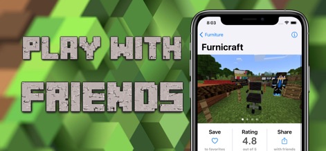 World of Mods for Minecraft PE - The app provides comprehensive mod details, including vibrant in-game previews of furniture additions and convenient options to share or save favorite content.