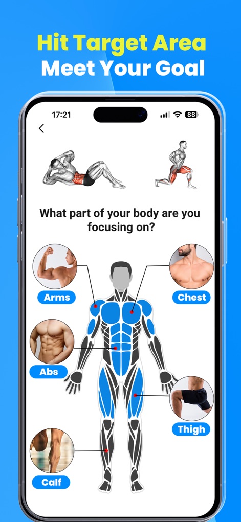 Home Workout - Fitness Planner - Users can precisely select target muscle groups, such as abs and chest, through an interactive body diagram to meet their specific fitness goals.