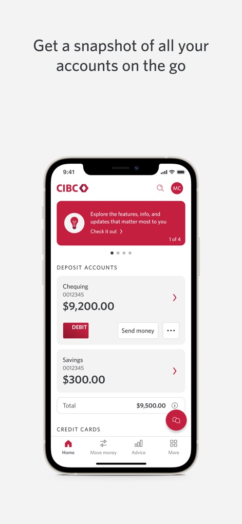 CIBC Mobile Banking - This initial view highlights both the detailed 'Deposit Accounts' breakdown and the quick access 'Debit' button for seamless daily banking.