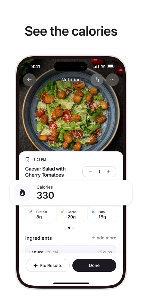 Cal AI - Calorie Tracker - Après l'analyse, l'application présente une fiche nutritionnelle complète avec le nombre exact de calories et la ventilation en protéines et lipides.