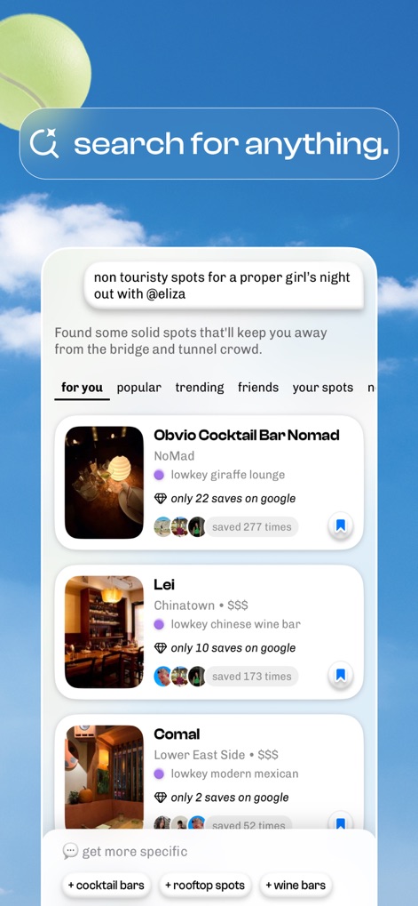 corner: curate & share places - This tool offers an intelligent search bar for finding specific types of places, presenting detailed result cards that show how many times a spot has been saved by other users.