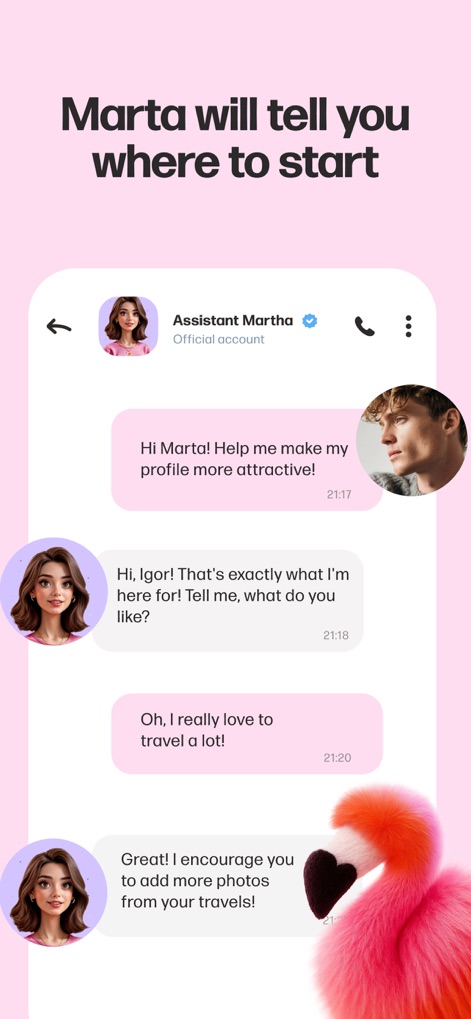 Mamba: Dating, Meet New People - L'assistente AI 'Marta' guida gli utenti nel migliorare il proprio profilo, fornendo suggerimenti utili come 'add more photos from your travels!' attraverso una conversazione in chat.