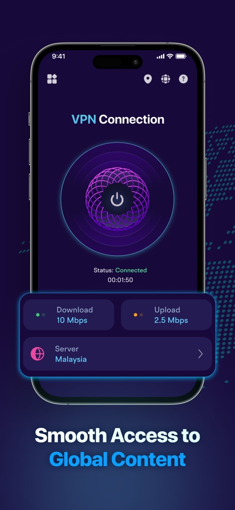 Secure VPN: Private & Fast - La aplicación muestra claramente el estado "Connected", indicando una conexión VPN activa, y los usuarios pueden verificar el servidor asignado (Malasia) junto con las velocidades de descarga y subida.