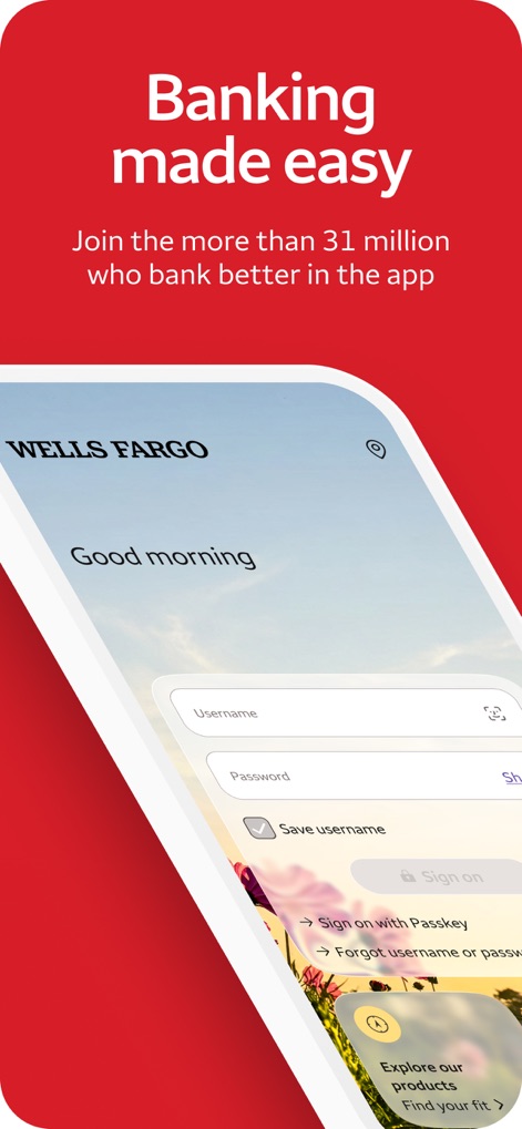 Wells Fargo Mobile® - The app streamlines access with a clear login interface and modern authentication choices like Passkey.