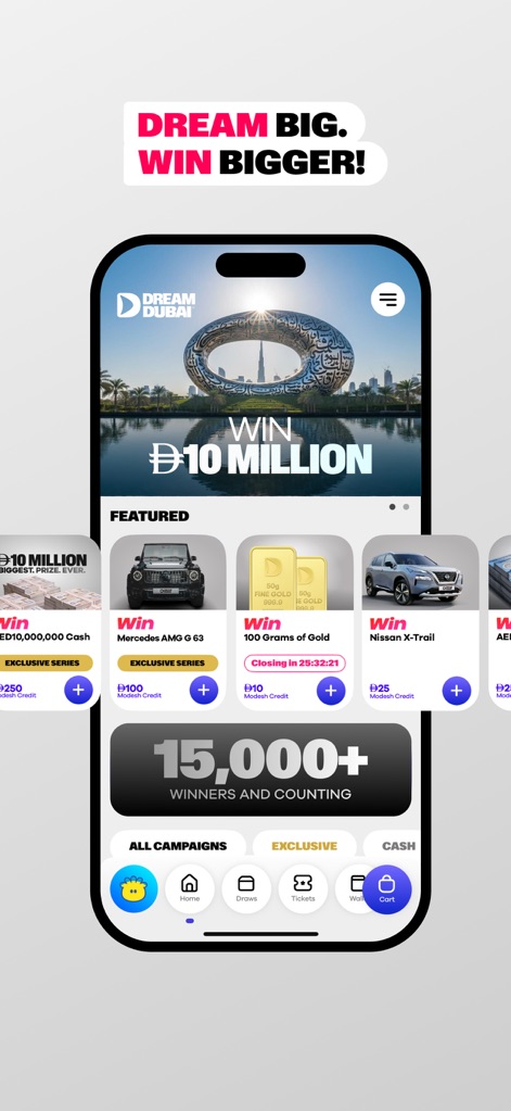 Dream Dubai - O aplicativo Dream Dubai apresenta uma interface inicial dinâmica, destacando o prêmio principal de Đ10 Milhões e uma seleção de campanhas exclusivas com veículos como um Mercedes AMG G 63.