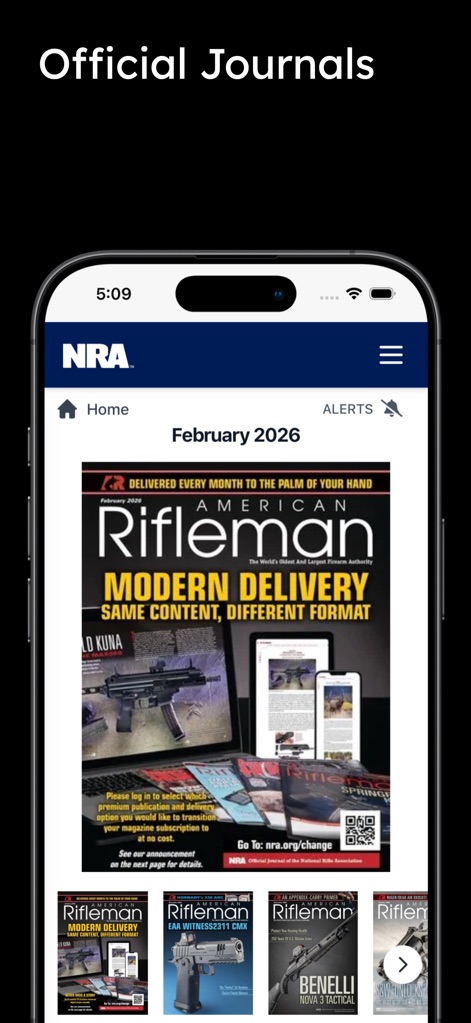 NRA - The app offers digital access to official journals, displaying current and past magazine covers like "American Rifleman" alongside the publication date, "February 2026."