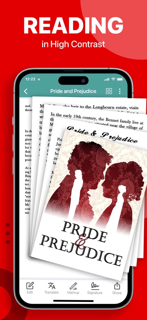 PDF Reader - PDF Editor - Experience enhanced PDF reading with the app's high contrast display and easily access annotation tools like 'Markup' and share documents via the intuitive bottom navigation bar.
