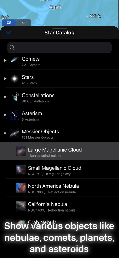 Starry Map - L'app offre un "Star Catalog" completo, permettendo agli utenti di navigare attraverso diverse categorie come "Comets" e "Constellations", e di esplorare dettagliatamente oggetti specifici come la "Large Magellanic Cloud" e la "California Nebula", completi di immagini e descrizioni.