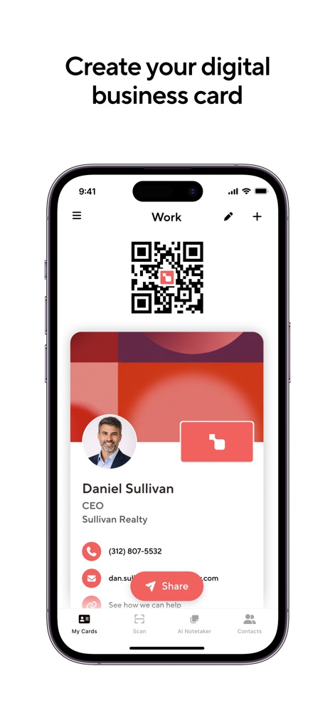 Blinq: Digital Business Card - Users can observe the intuitive interface for designing a personalized digital business card, highlighting the prominent QR code and detailed contact information.