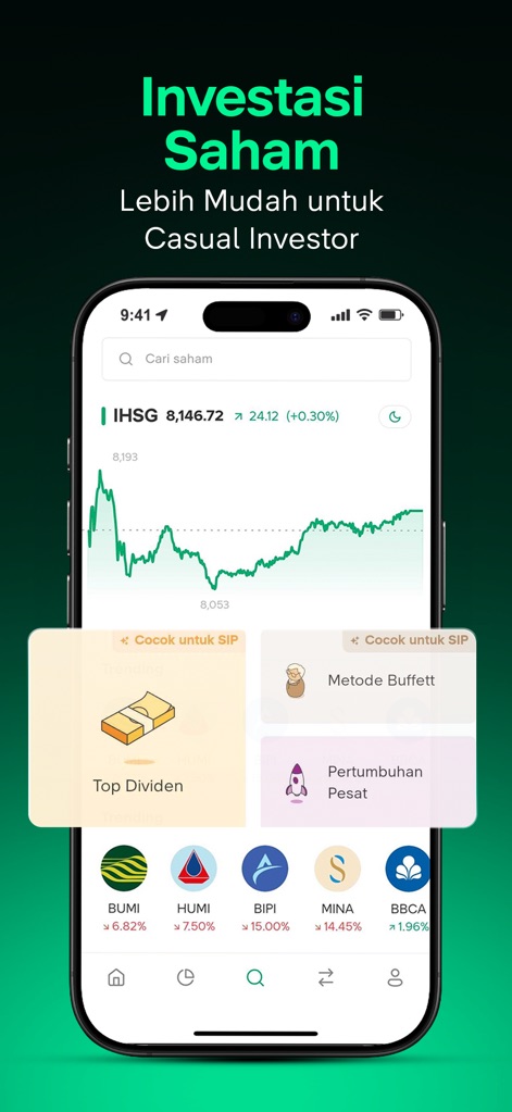 Bibit - Reksadana & Obligasi - La aplicación simplifica la "Acciones para Principiantes", ofreciendo ideas de inversión como 'Top Dividen' y mostrando el rendimiento del índice 'IHSG' para facilitar decisiones.