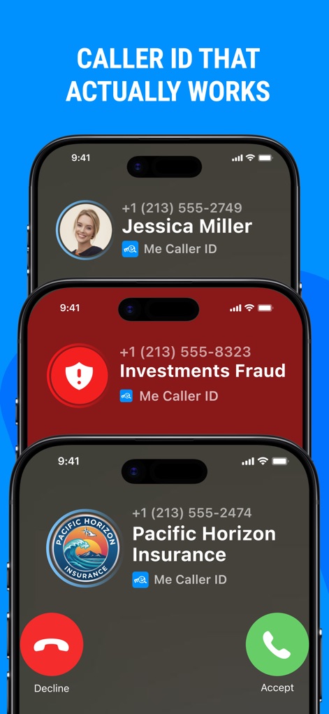 Me - Caller ID & Spam Blocker - Esta pantalla muestra la capacidad de la aplicación para identificar llamadas entrantes con información detallada, destacando la diferencia entre contactos conocidos como "Jessica Miller" y alertas cruciales de fraude como "Investments Fraud".