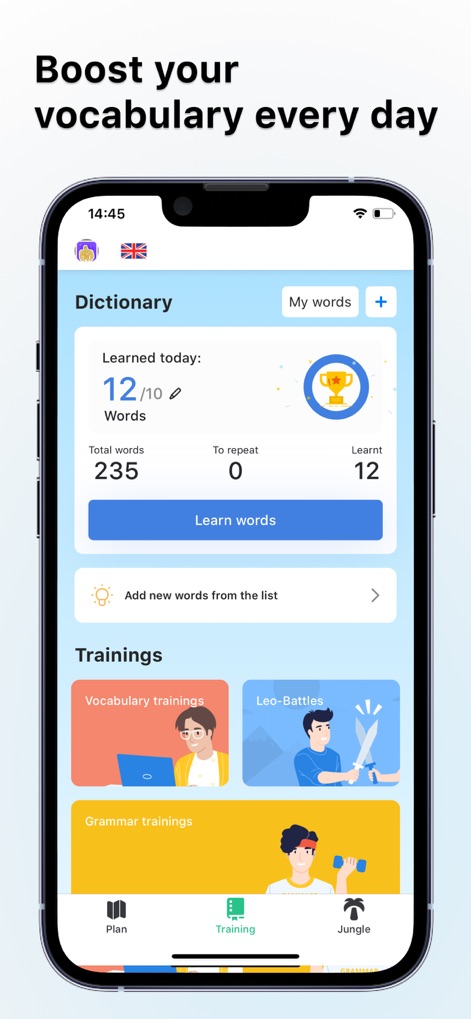 Lingualeo: Language Learning - Observe the app's detailed dictionary progress tracking with 'Learned today' metrics and the accessible training modules like 'Vocabulary trainings' and 'Leo-Battles' to enhance language skills.
