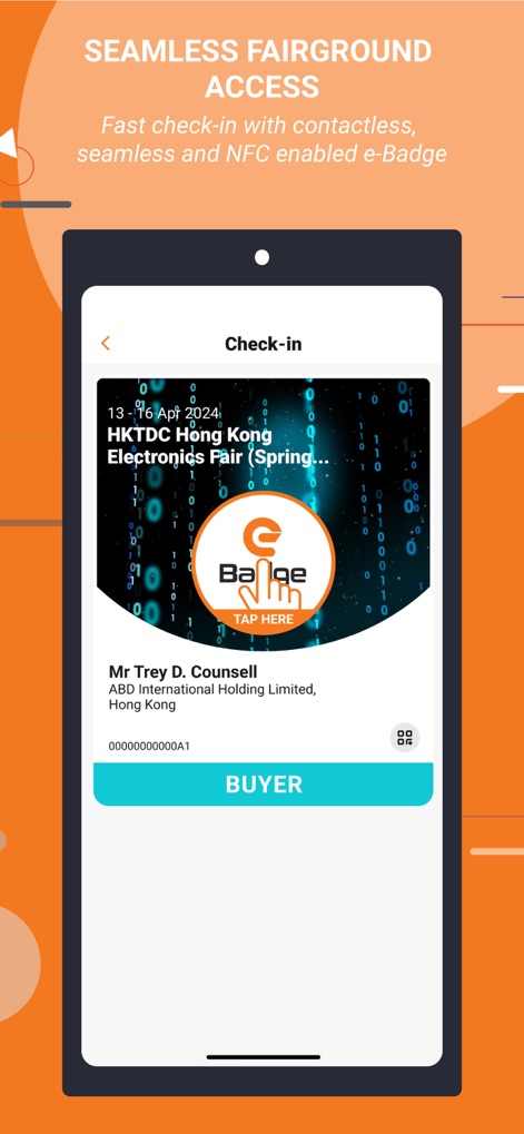 HKTDC Marketplace - La funzione di check-in rapido mostra l'e-Badge digitale per l'"HKTDC Hong Kong Electronics Fair" e i dettagli dell'utente, garantendo un accesso senza interruzioni.