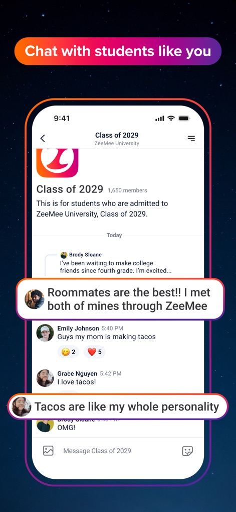 ZeeMee: Meet College Friends - Users can join vibrant class-specific group chats, as seen with "Class of 2029," and engage in lively discussions ranging from roommate experiences to personal interests like "tacos are like my whole personality."