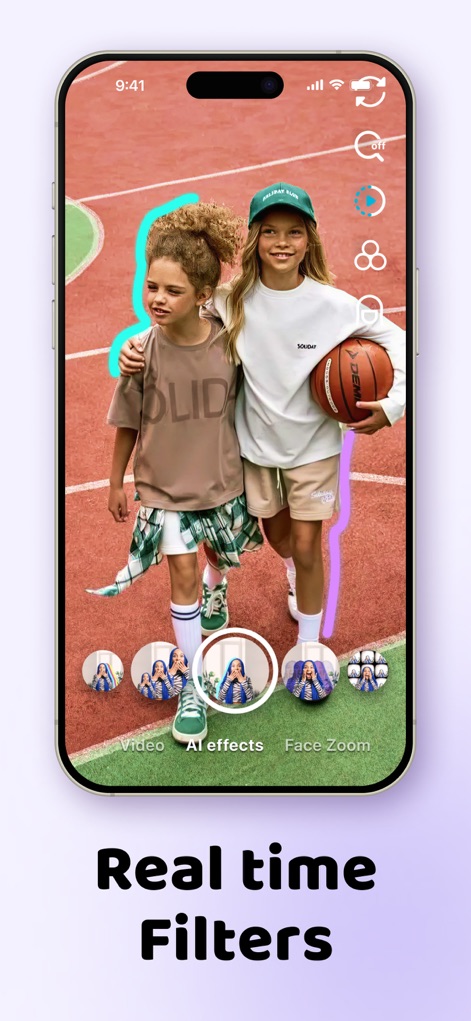 Zoomerang - Ai Video Maker - Witness the app's powerful real-time filters and AI effects being applied directly during video capture, along with intuitive options like "Face Zoom."