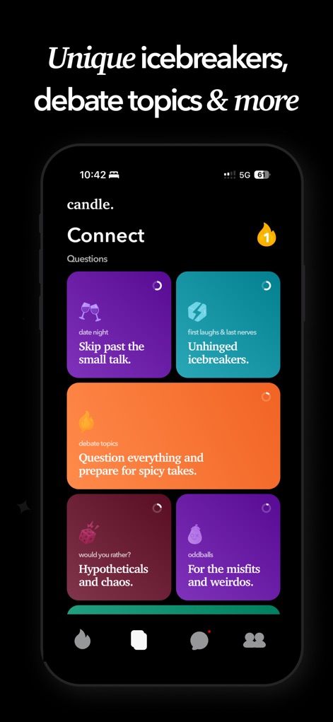 Candle: Couples & Relationship - View the diverse range of 'question categories' available, from 'unhinged icebreakers' to 'debate topics', providing endless conversation starters.